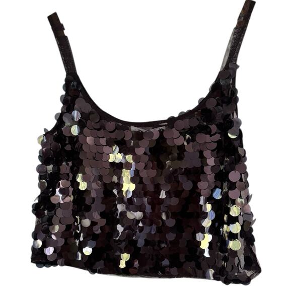NWT Wayf Black Sequin Mesh Crop Tank Top Women’s Size XS - Picture 1 of 5